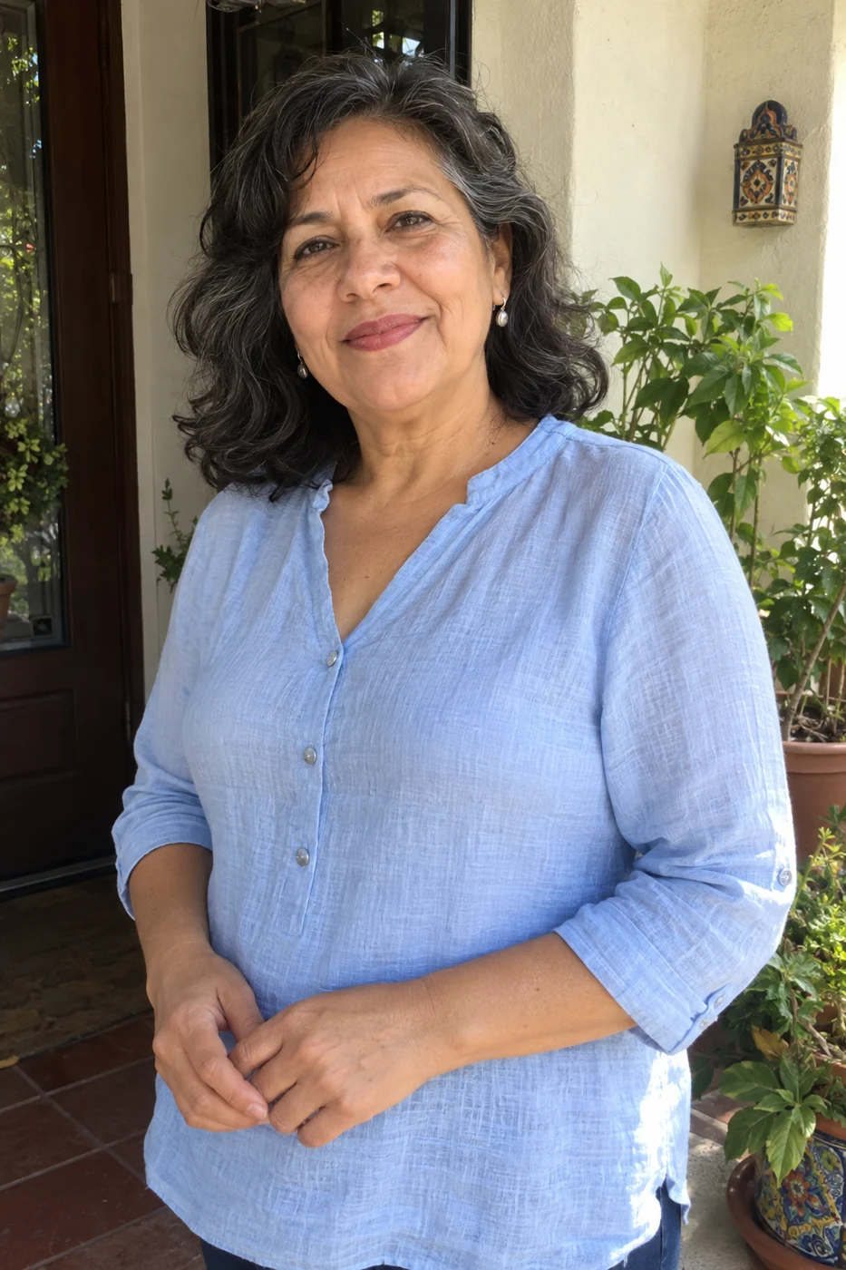 The visible face shape and dark-grey hair of a woman in a blue blouse